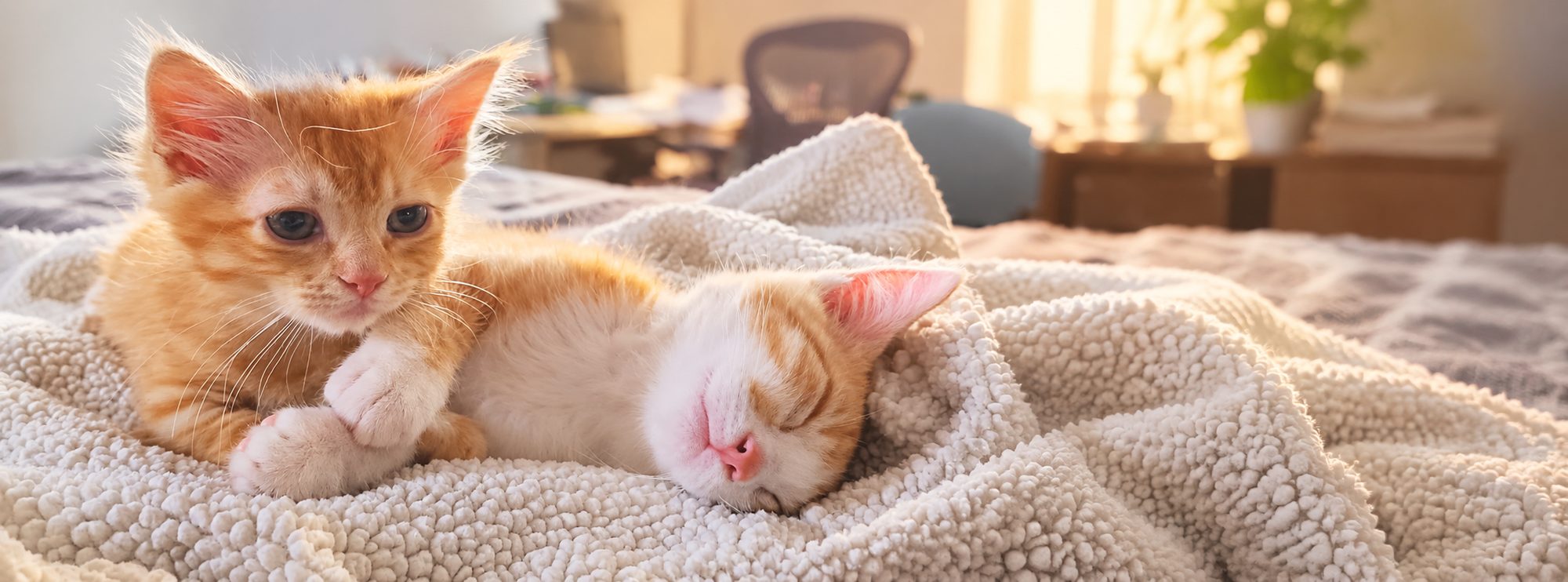 Marty and Oliver, two orange kittens, snuggled together on a blanket